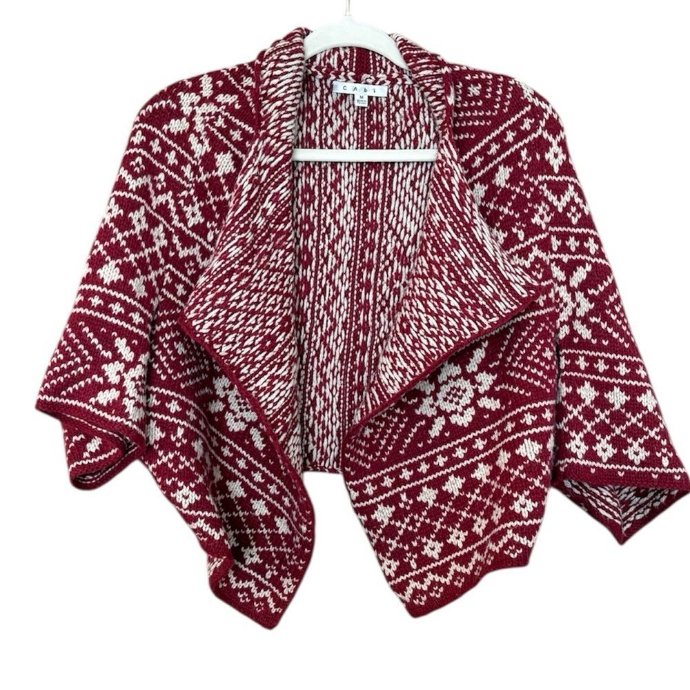 Cabi Fair Isle Print Wool Blend Cape Cardigan M Red